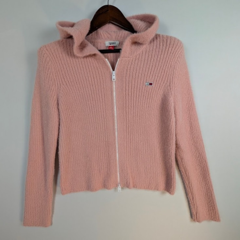 Tommy Hilfiger Fuzzy Sweater Hoodie XL Pastel Pink Cropped Soft Indie Twee Prep